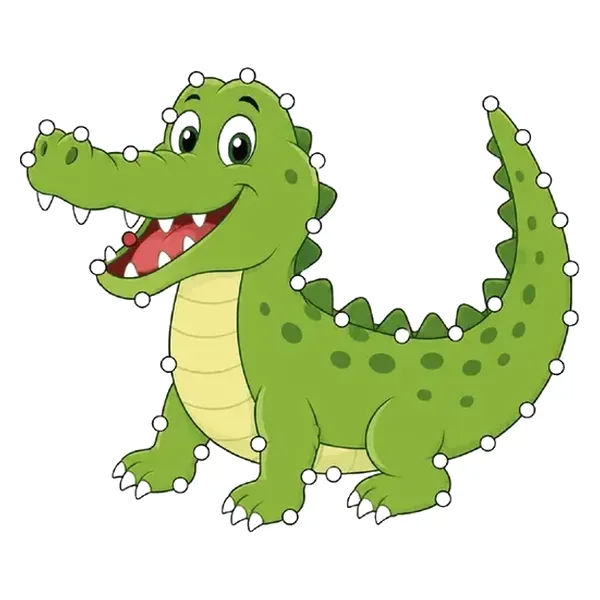 Figura de crocodilo para enfiar o cordão, com furos marcados no contorno